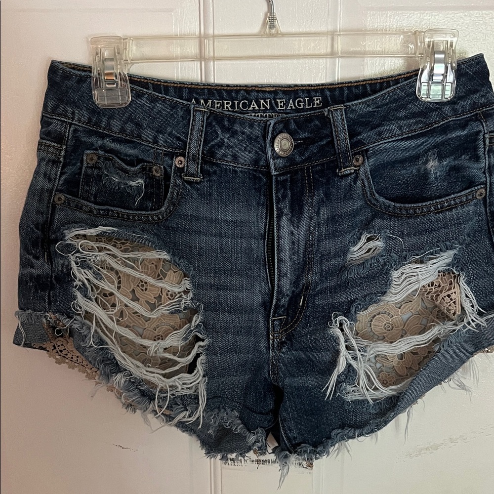 American Eagle Outfitters Ripped Lace Jean Shorts - Dark Blue